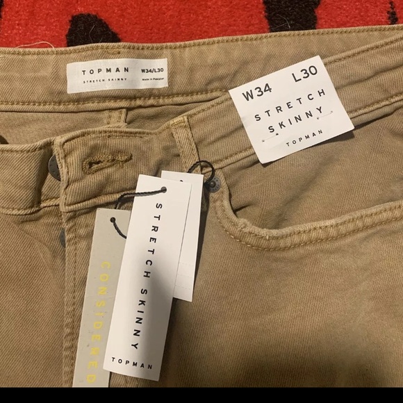 Topman Men's 34Wx30L Distressed Stretch Skinny Button-Fly Denim Jeans Tan - Picture 3 of 3